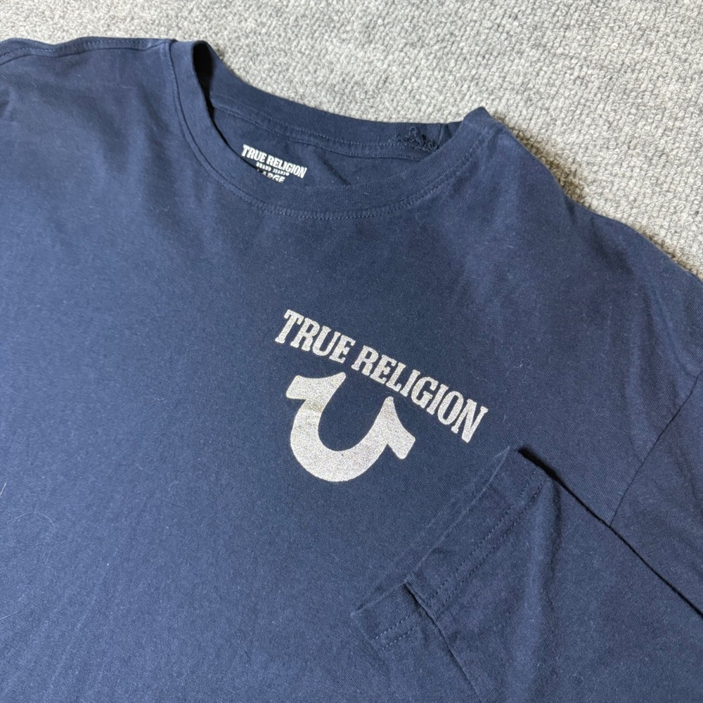 True Religion Long‎ Sleeve Crew Neck T Shirt Mens Large Blue Logo